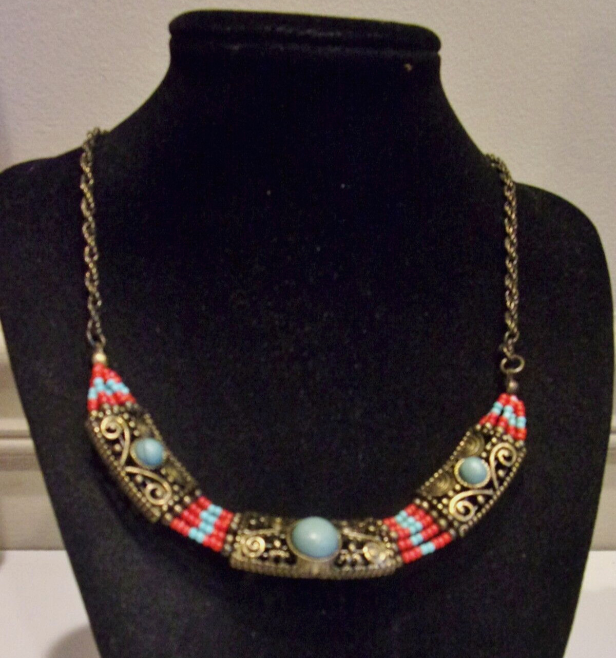 Vtg 90’s Egyptian Revival Inspired Blue Howlite & Glass Beed Collar Necklace