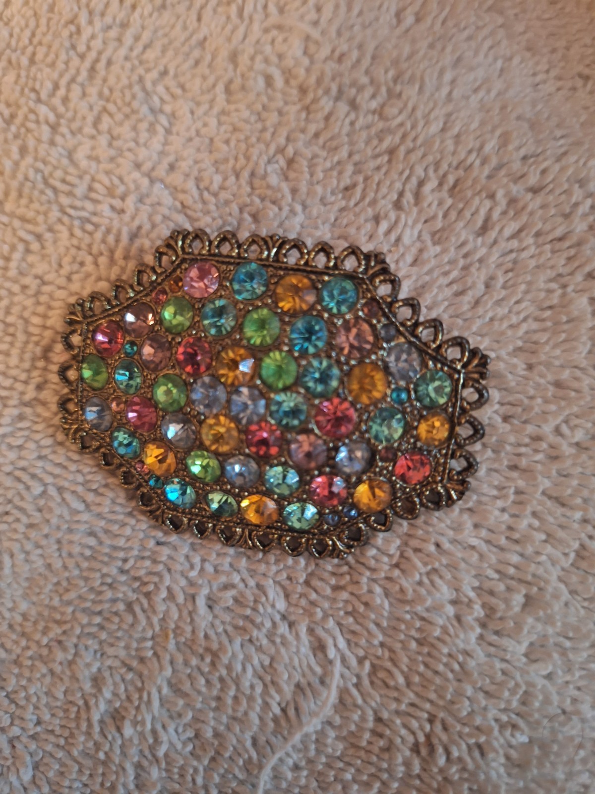 Multi-Color Pastel Rhinestone Crystals Large Vintage Filigree Brooch