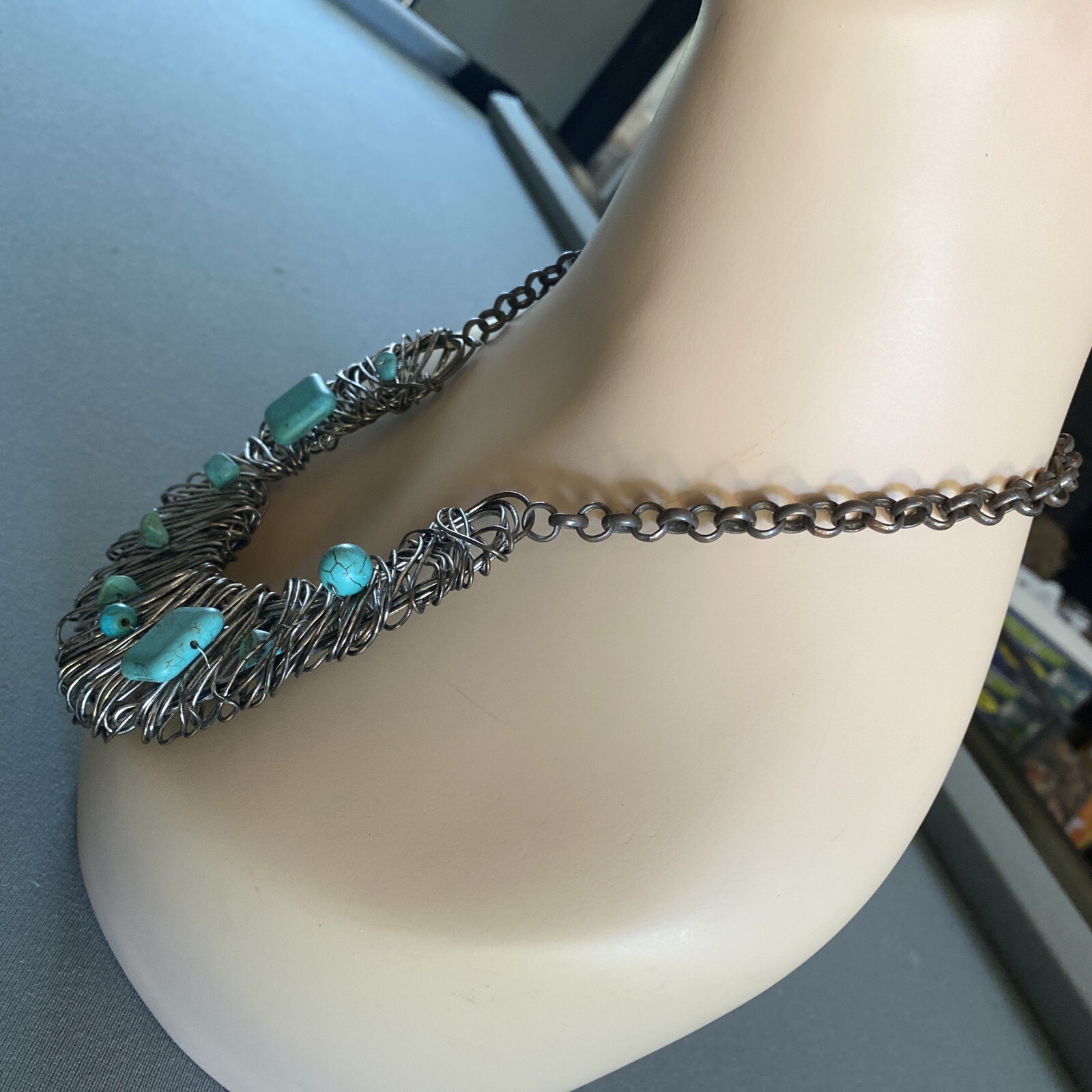 Stone Beads Wire Choker Necklace OOAK Brutalist LARP Cosplay Costume Jewelry 25”