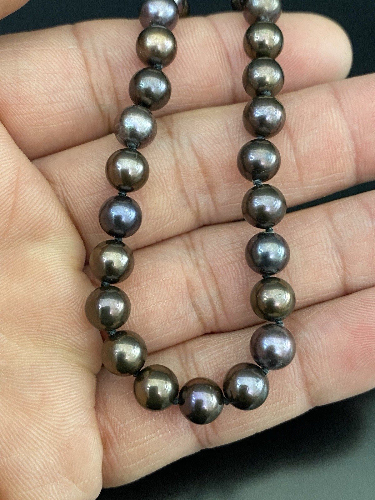 14K White Gold Fish Hook Clasp 6mm Hand Knotted Round Tahitian Pearl Necklace