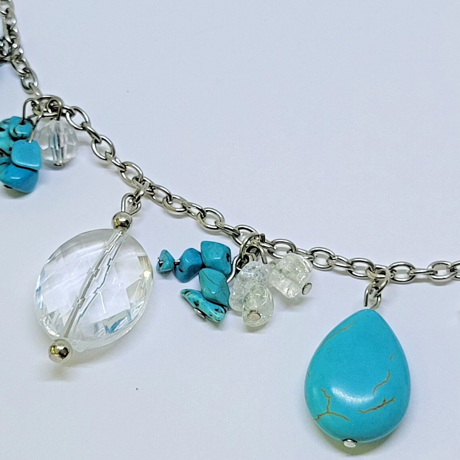 Vintage Estate Silver Tone Faux Turquoise Charm Station Statement Necklace ~ 28″