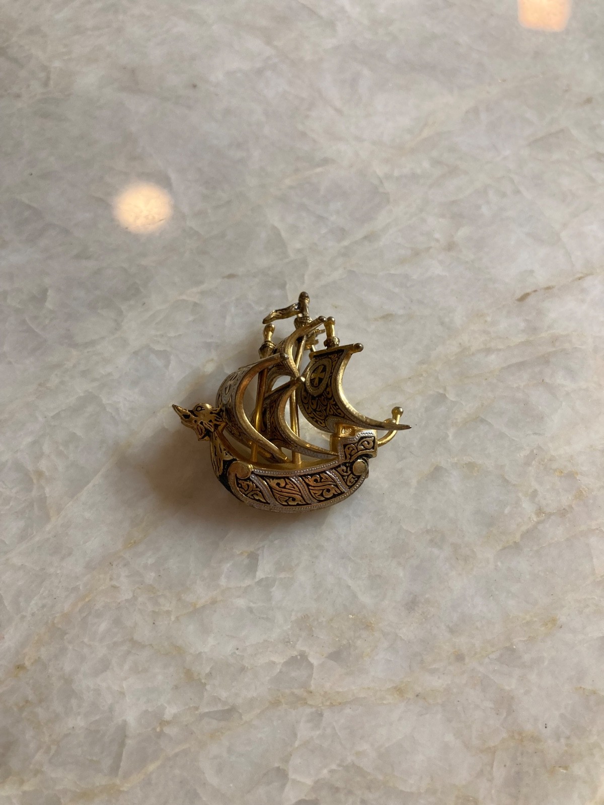 Unique Vintage Gold and Silver Tone Three Mast Tall Ship Brooch
