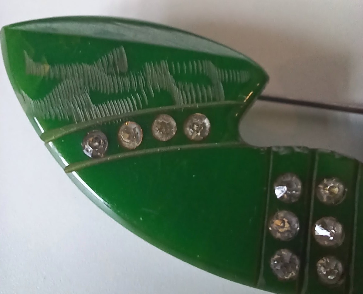 Vintage Art Deco Dark Green Bakelite Brooch w/ White Rhinestone Lines