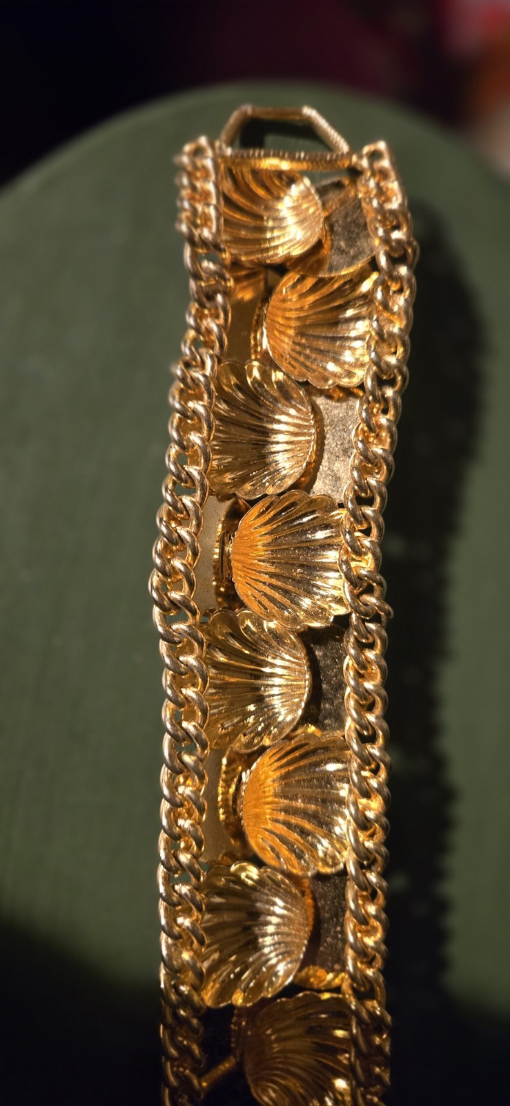 Vintage Gold Tone Metal Shells And Coins Details Bracelet 8″ Long 1.5″ Wide