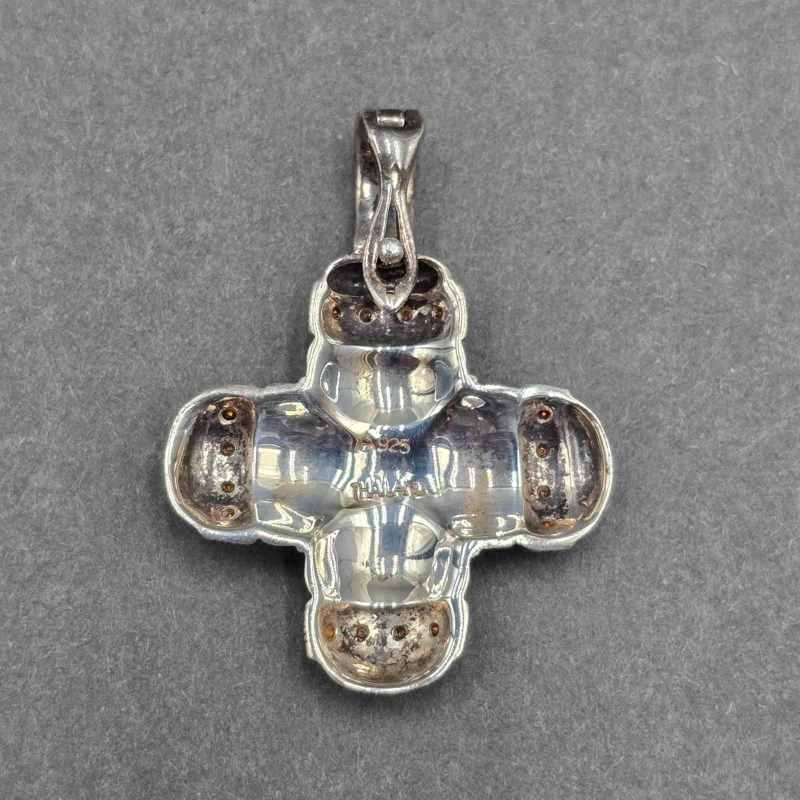 Vintage Sterling Silver Maltese Cross Marcasite Quartz Enhancer Pendant 1.5″