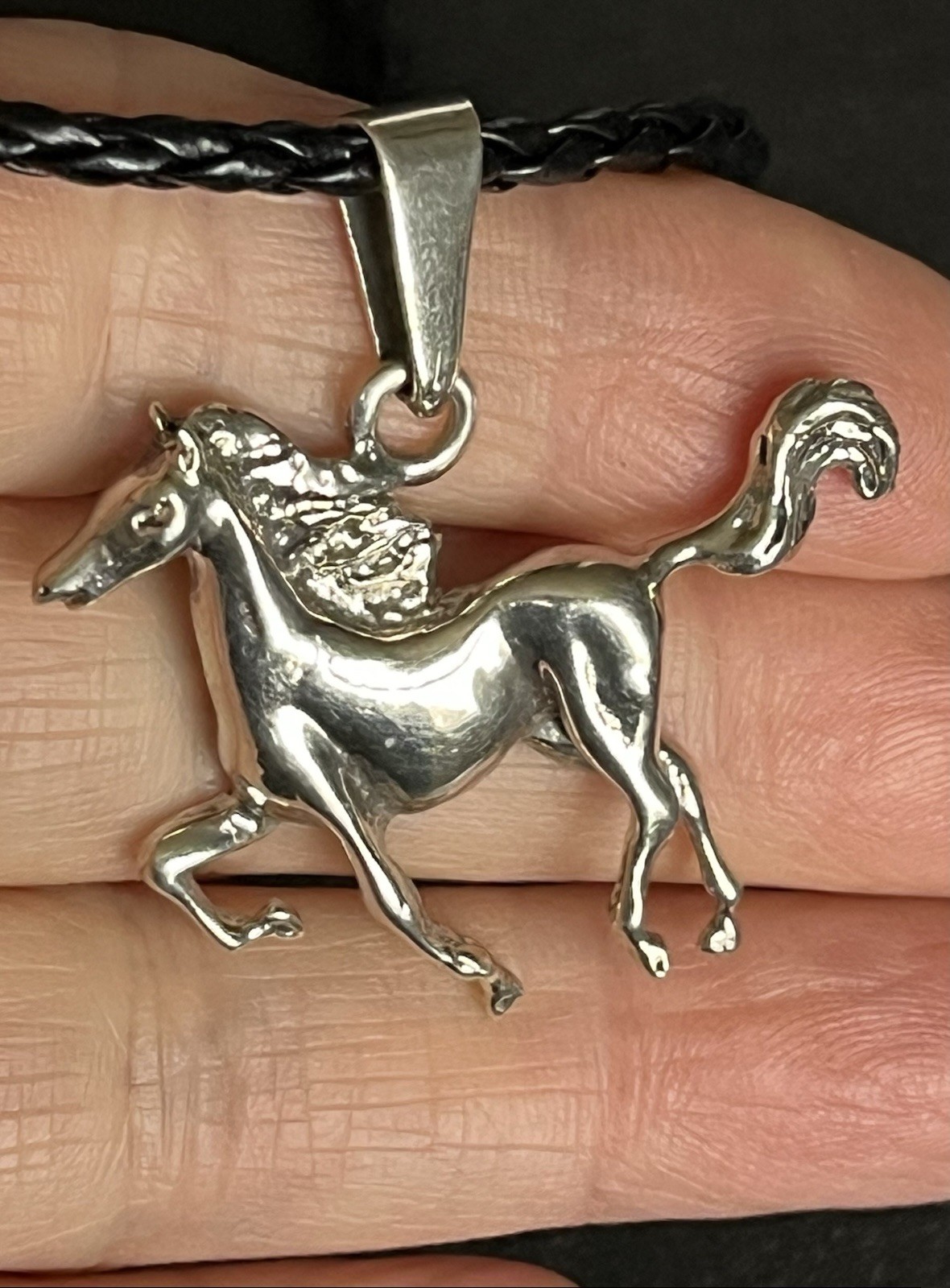 925 Signed Running Horse Pendant On black Leather Cord