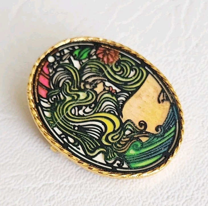 Vintage Signed Jan Max Cameo Brooch Colorful Art Noveau Style 1971