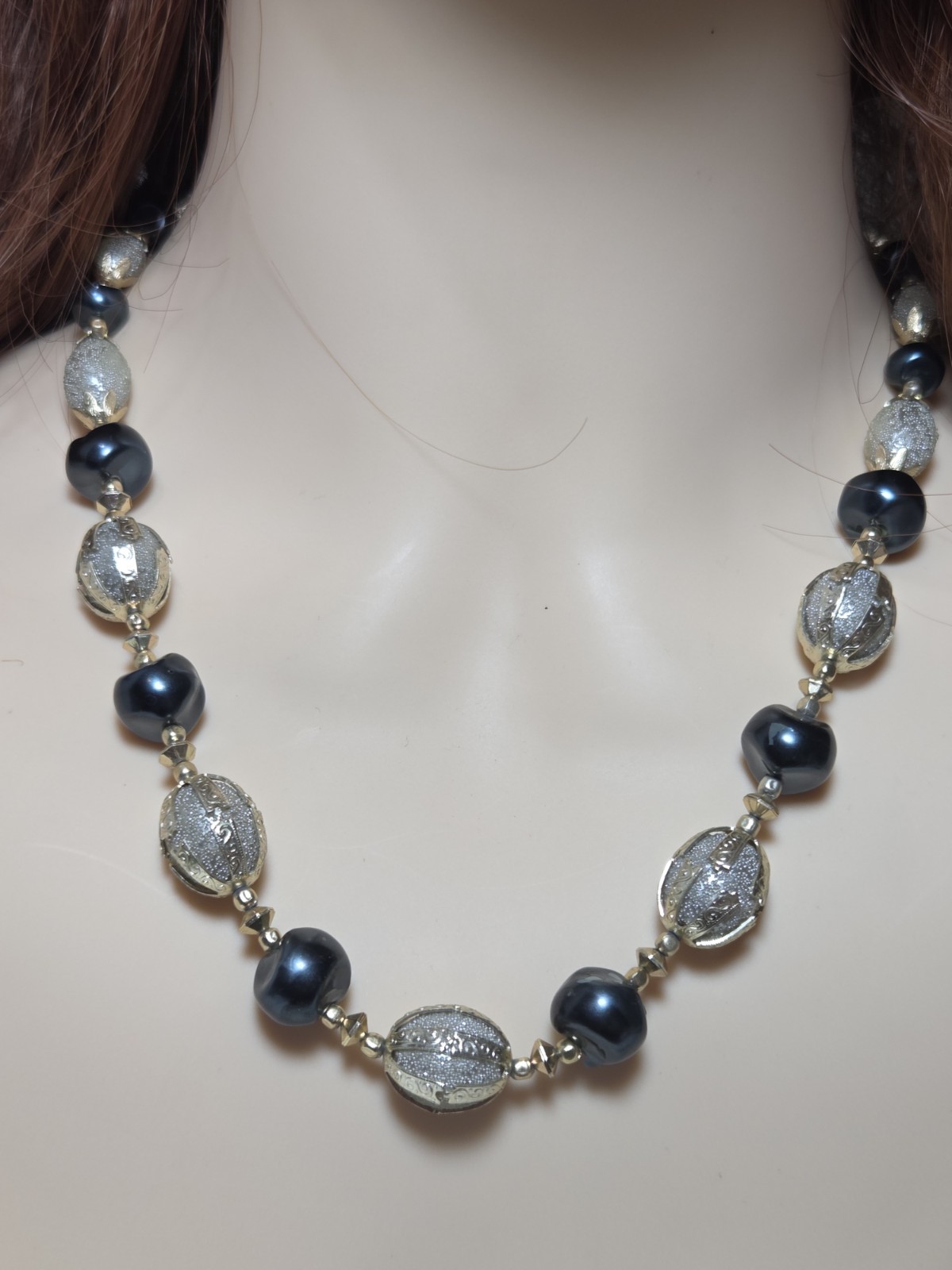 Vintage Beaded Necklace Set Blue And Gold With Clip On Earrings & Drop Earrings