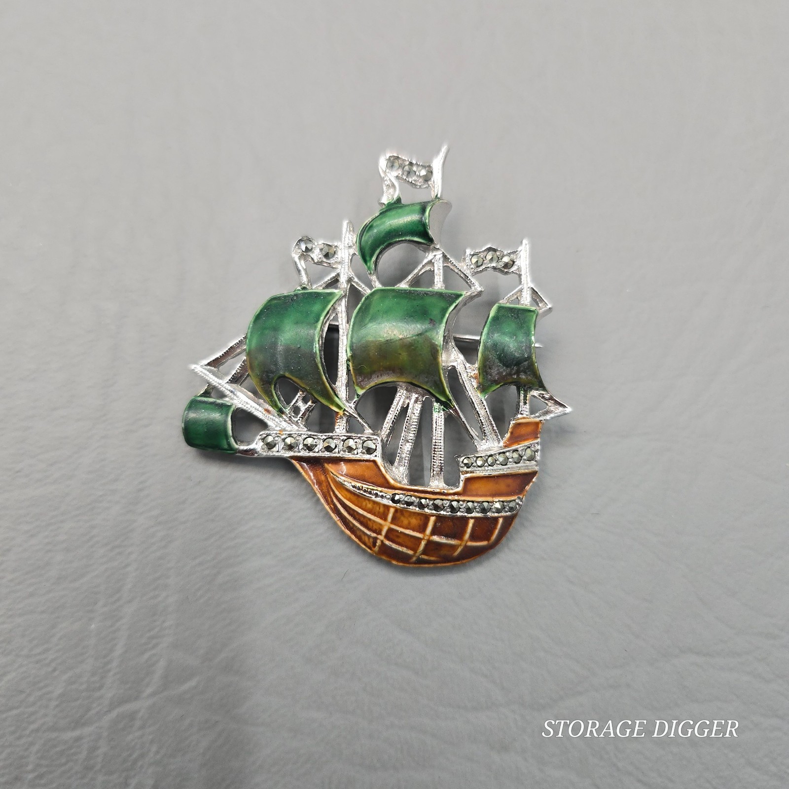 Vintage German Enamel Metal & Marcasite Galleon Ship Brooch Pin 1.75″ Long