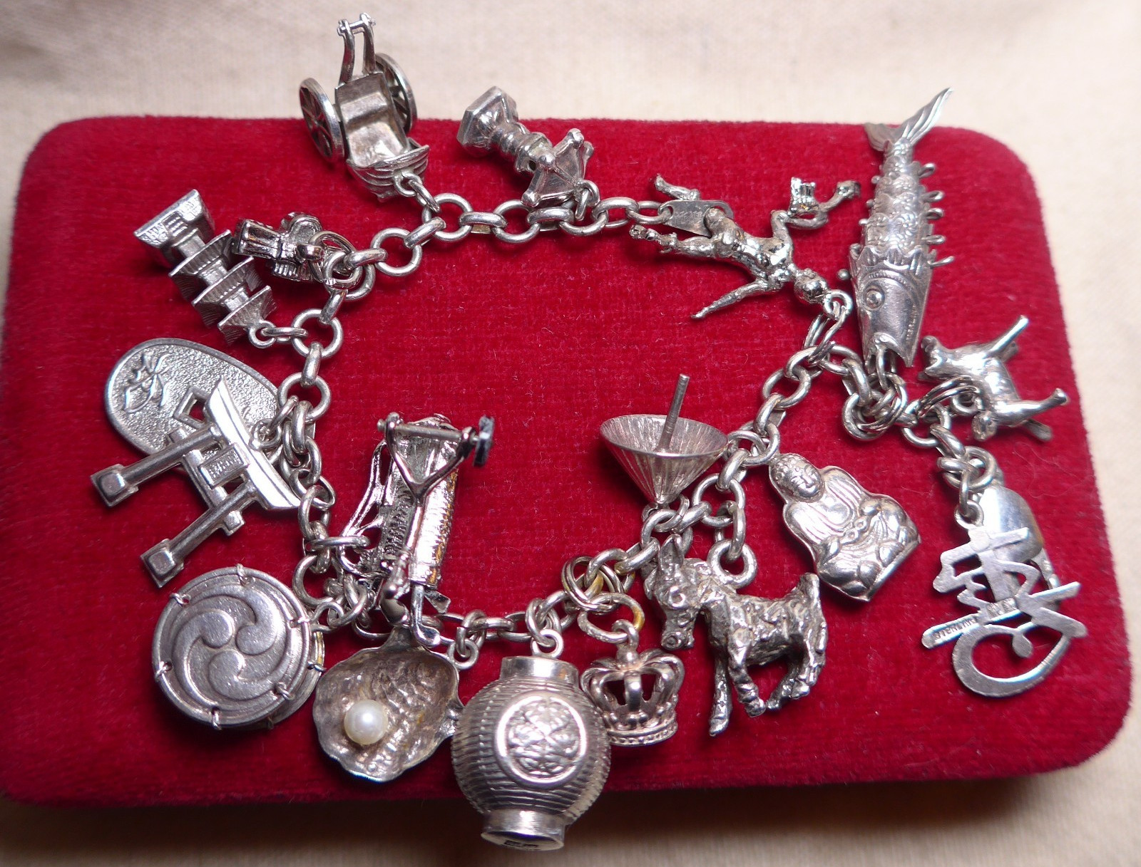 vtg LOADED Asian Theme Charm Bracelet Sterling Silver 925 Charms 6.5″