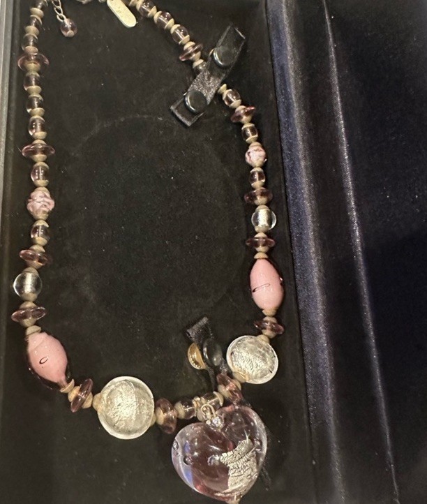 Vintage Hilary London Purple Puff Heart Glass Pendant & Beads Necklace