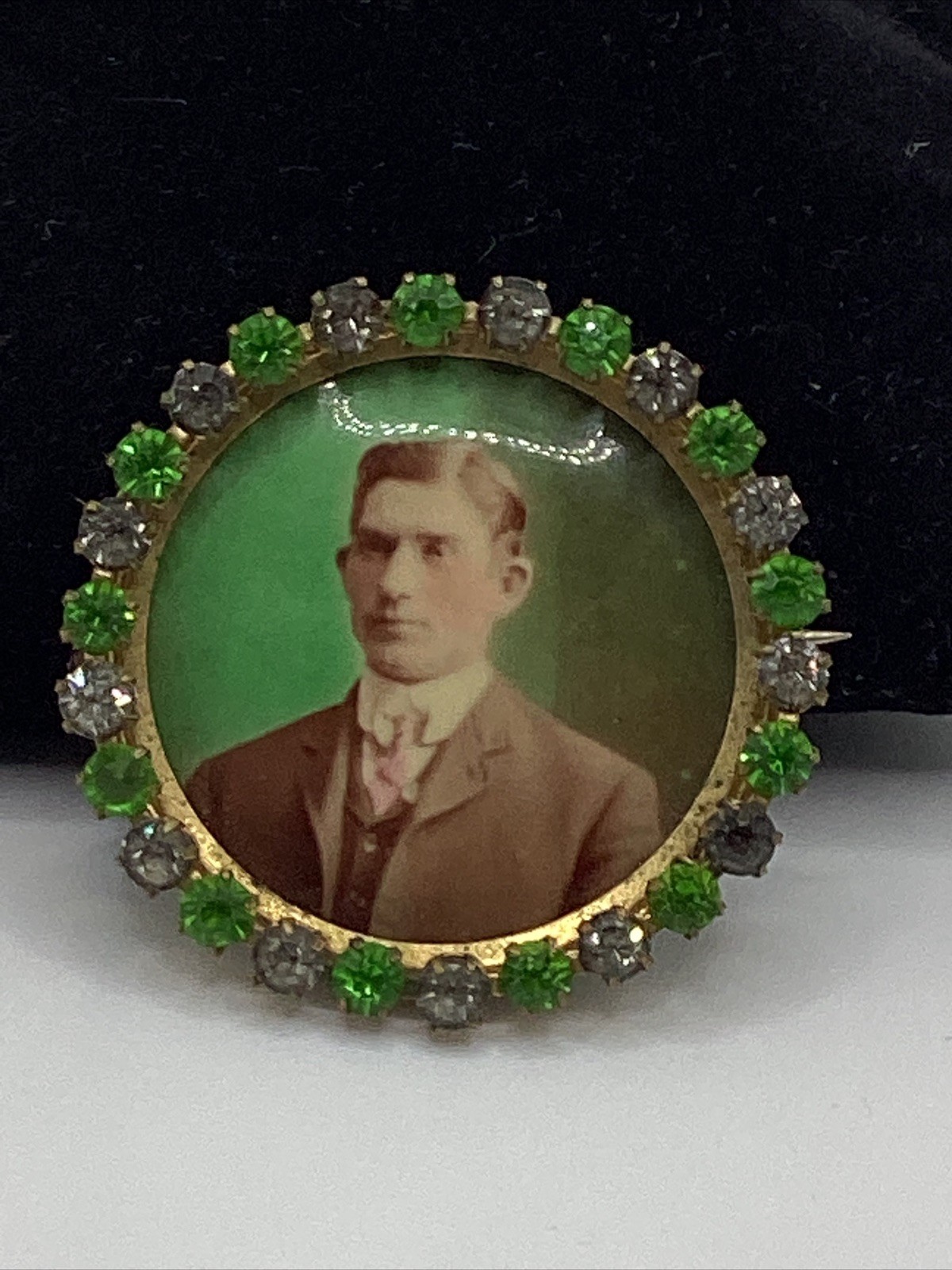 Antique Mourning Brooch Man’s Photo Colored Rhinestones May 21 1898