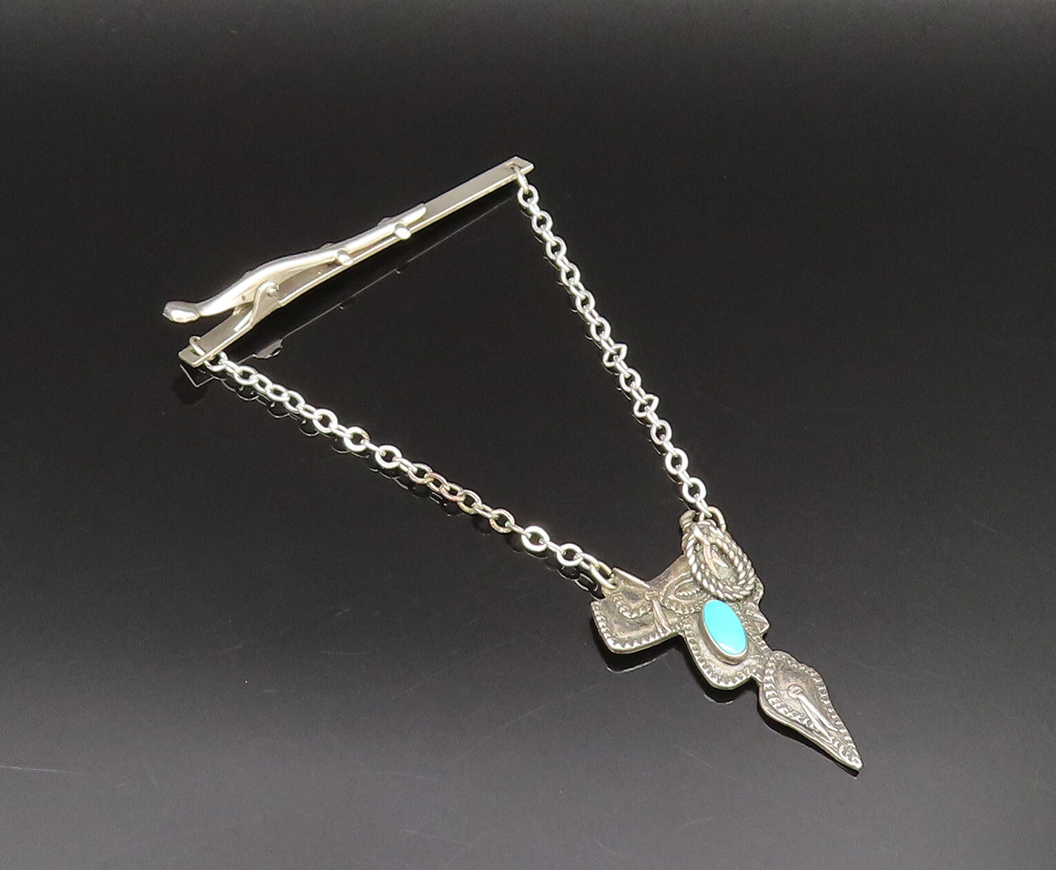 SOUTHWESTERN 925 Sterling Silver Vintage Etched Turquoise Saddle Tie Clip TR3382