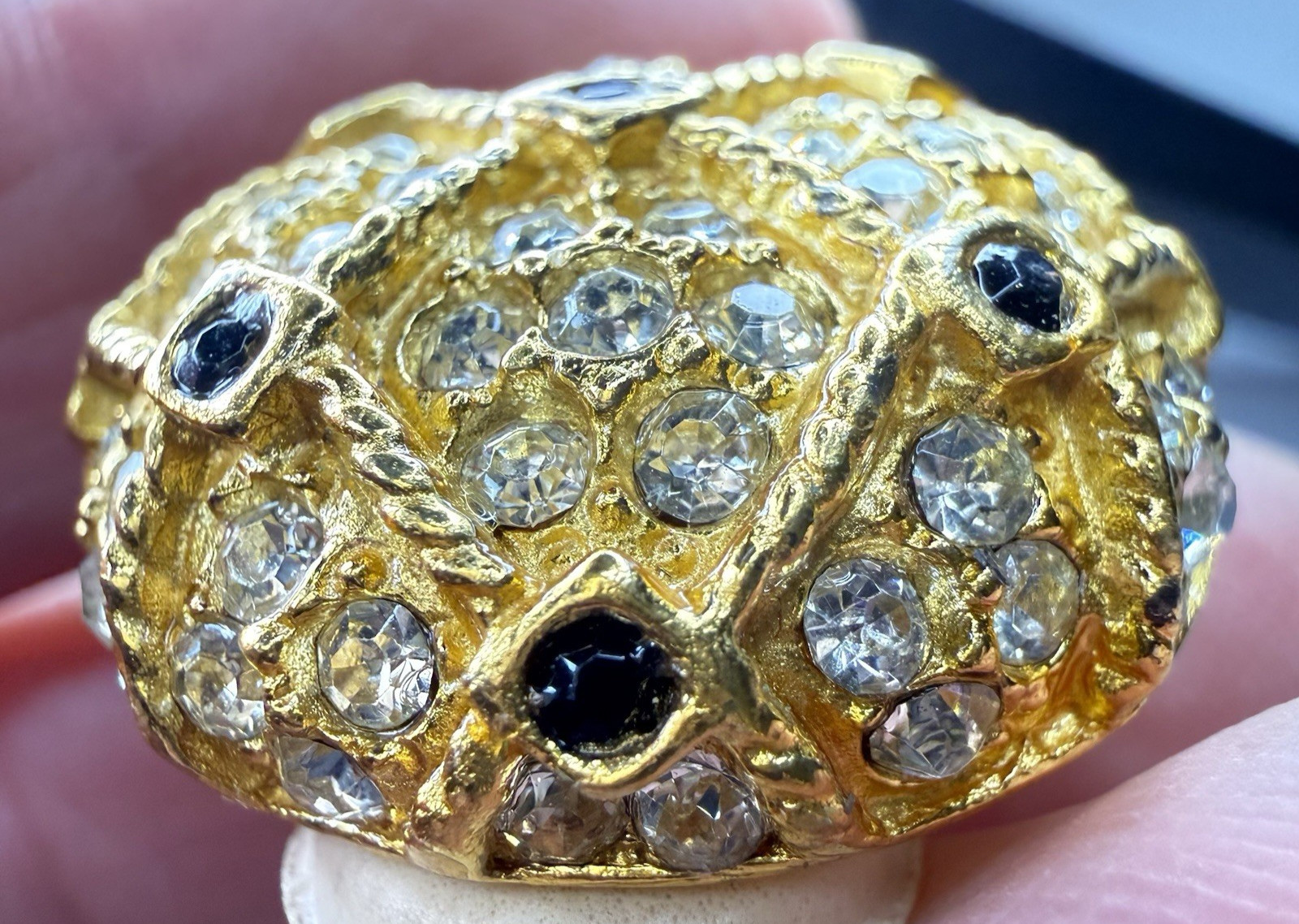 Gay Boyer Signed Vintage Gold tone Rhinestone Clip on Statement earrings