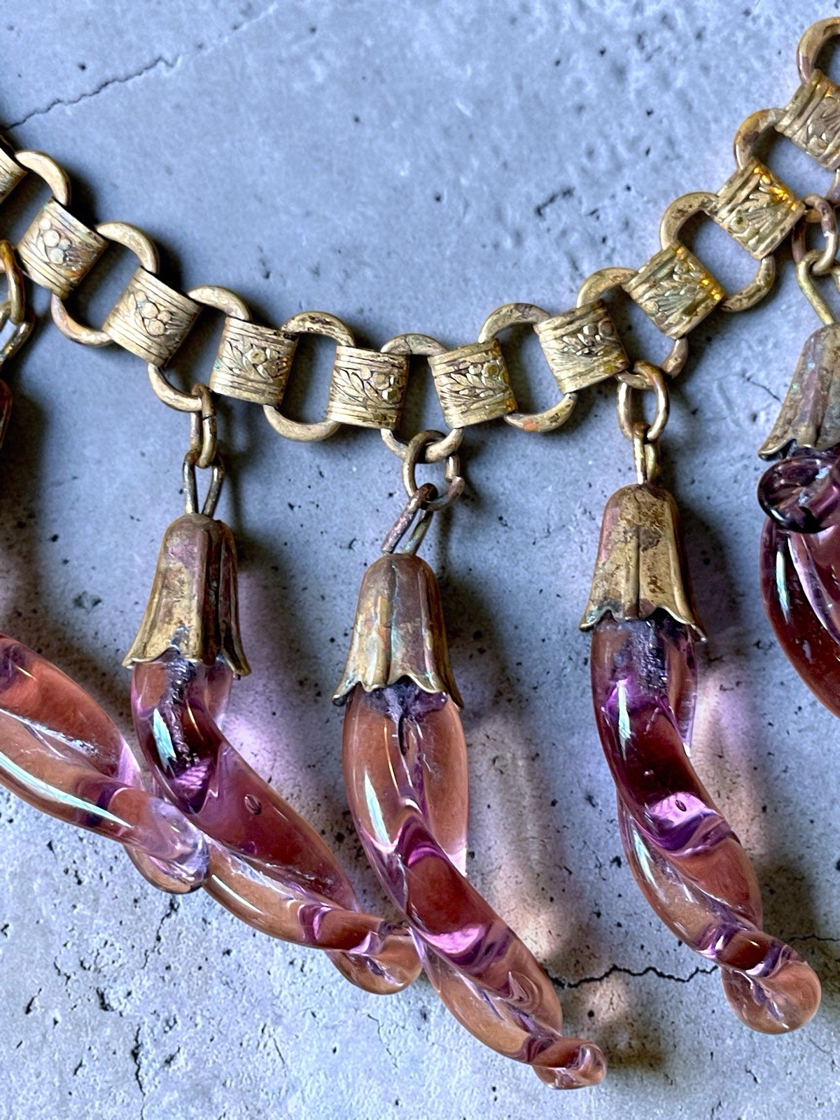 Victorian Book-link Chain Purple Twisted Czech Art Glass Festoon Bib Necklace