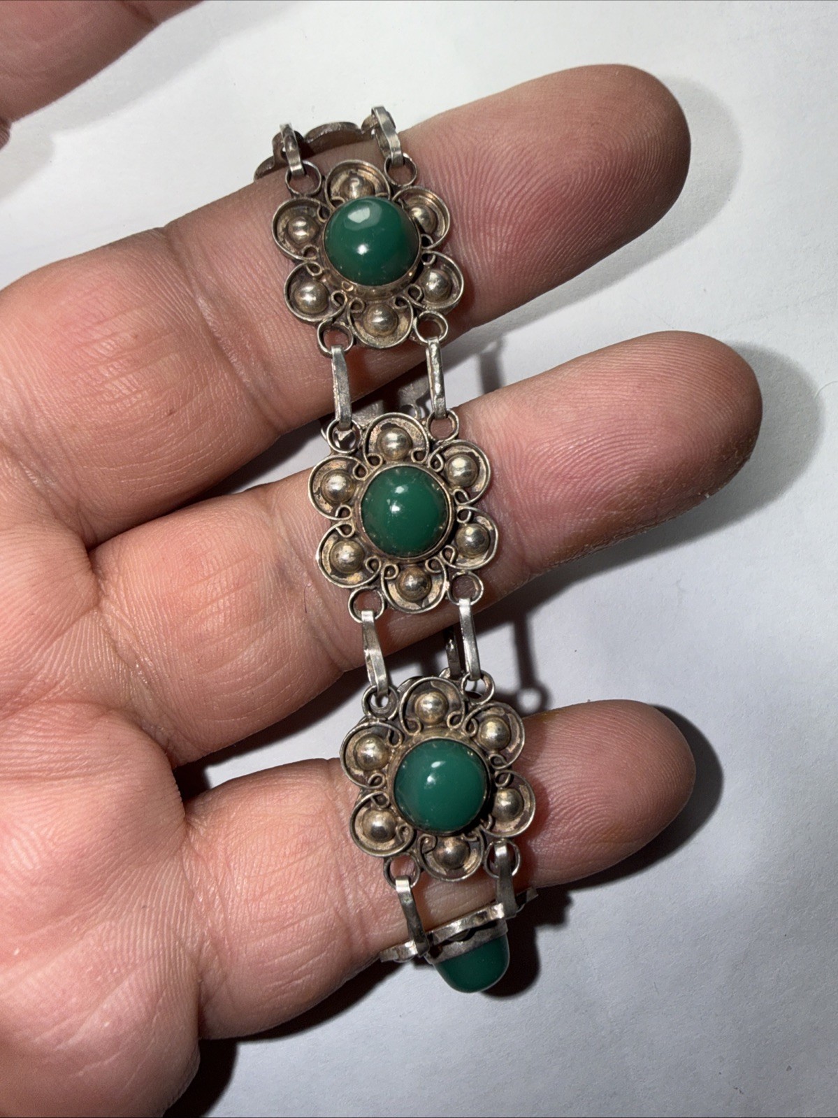bracelet Taxco Mexico 980 Silver Better Than 925 Sterling Green Onyx Vintage 7.5