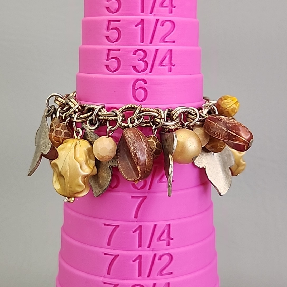 Vintage Charm Bracelet Fall Autumn Brown Bead Gold Tone Leaf Dangles 6.25″
