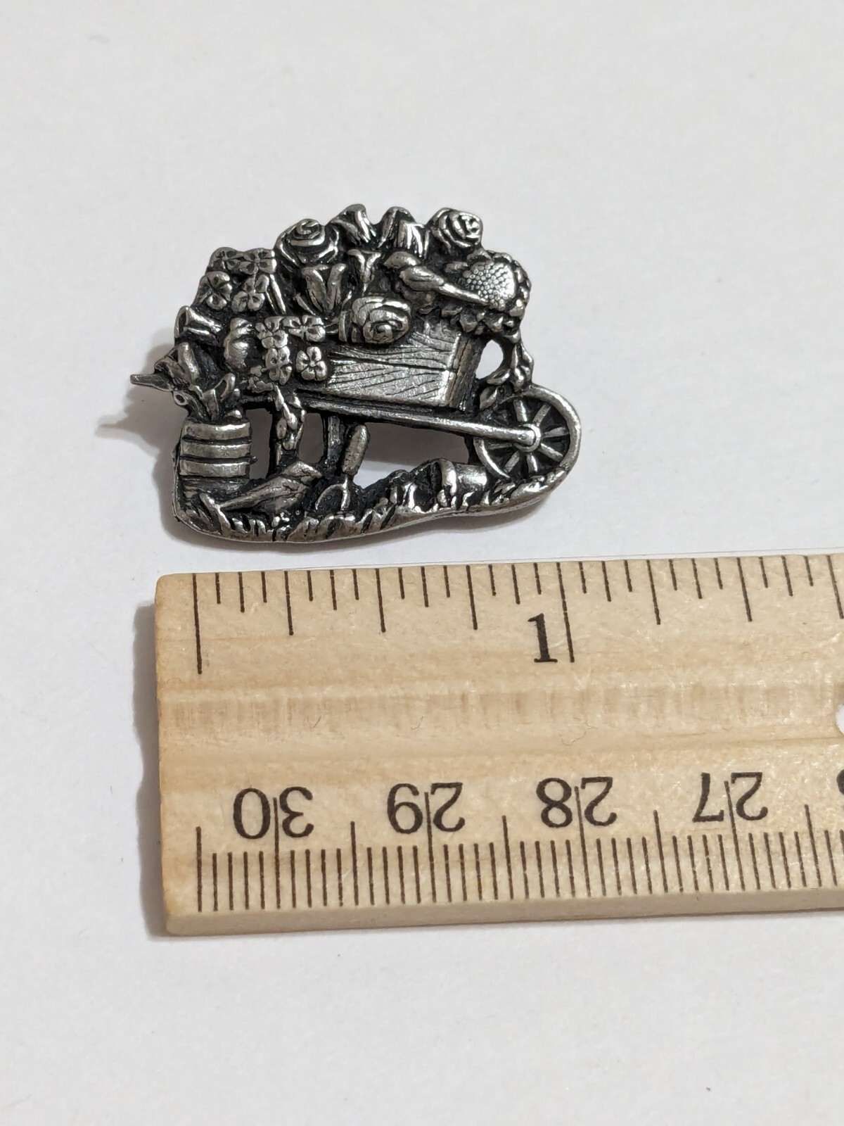 Birds & Blooms Limited Edition 2001 Pewter Wheelbarrow & Flowers Brooch/Pin. 1″.