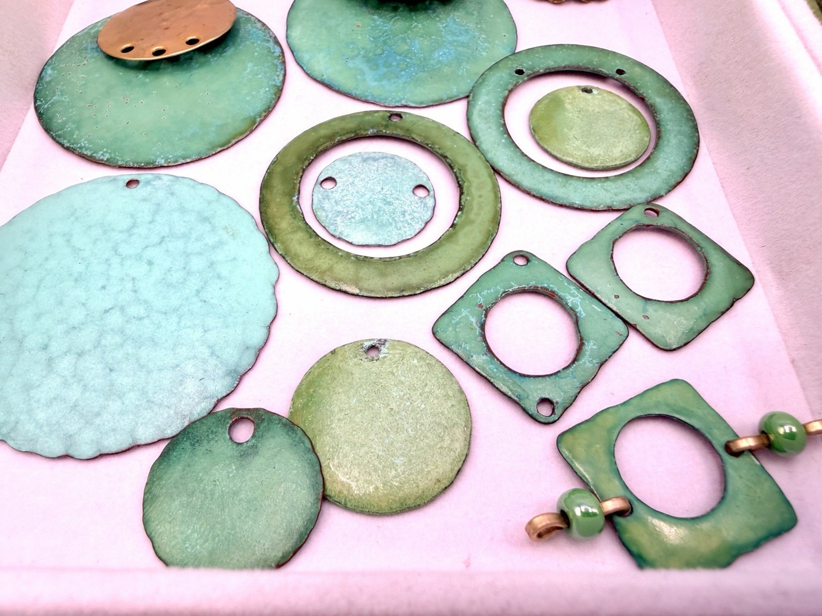 34 Pcs Vintage Handmade Hammered Brass Copper Layered Enamel Green Findings
