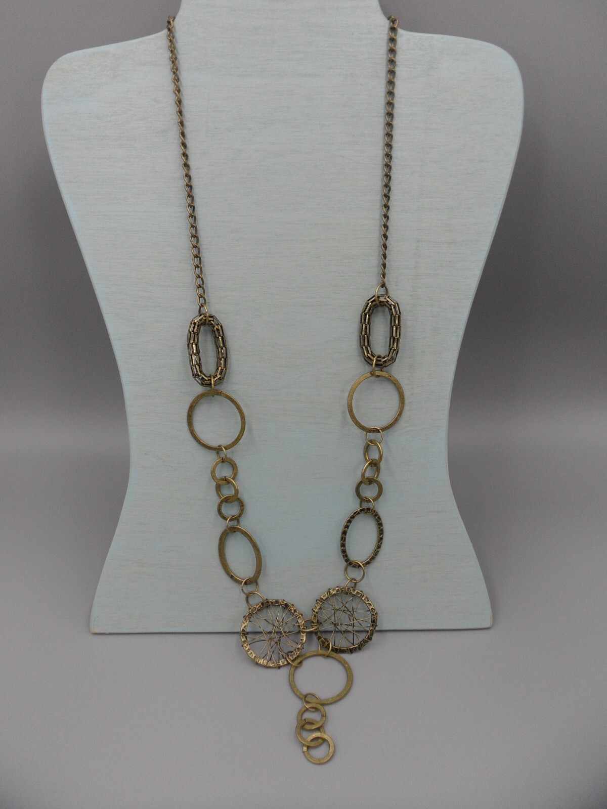 Long Bib Necklace Antique Brass Circle Oval Links Dreamcatcher Wire Wrapped