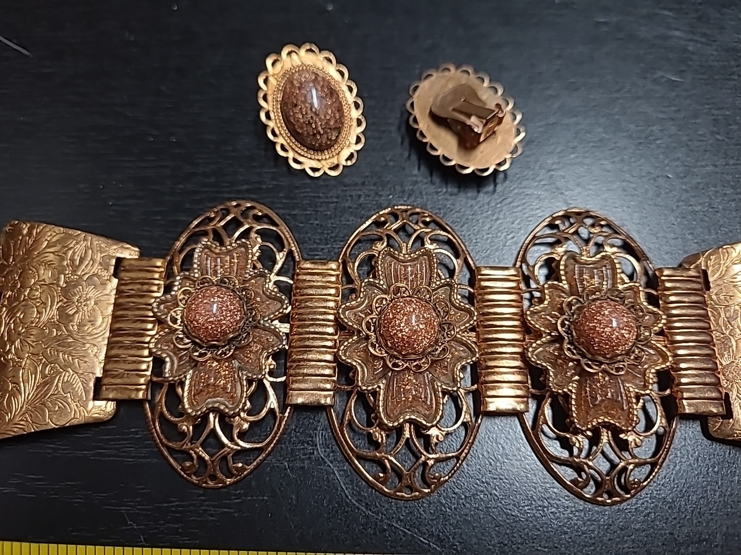 Vintage Copper Tone Bracelet and Earring Set Estate Sale Jewelry Find Clip-on