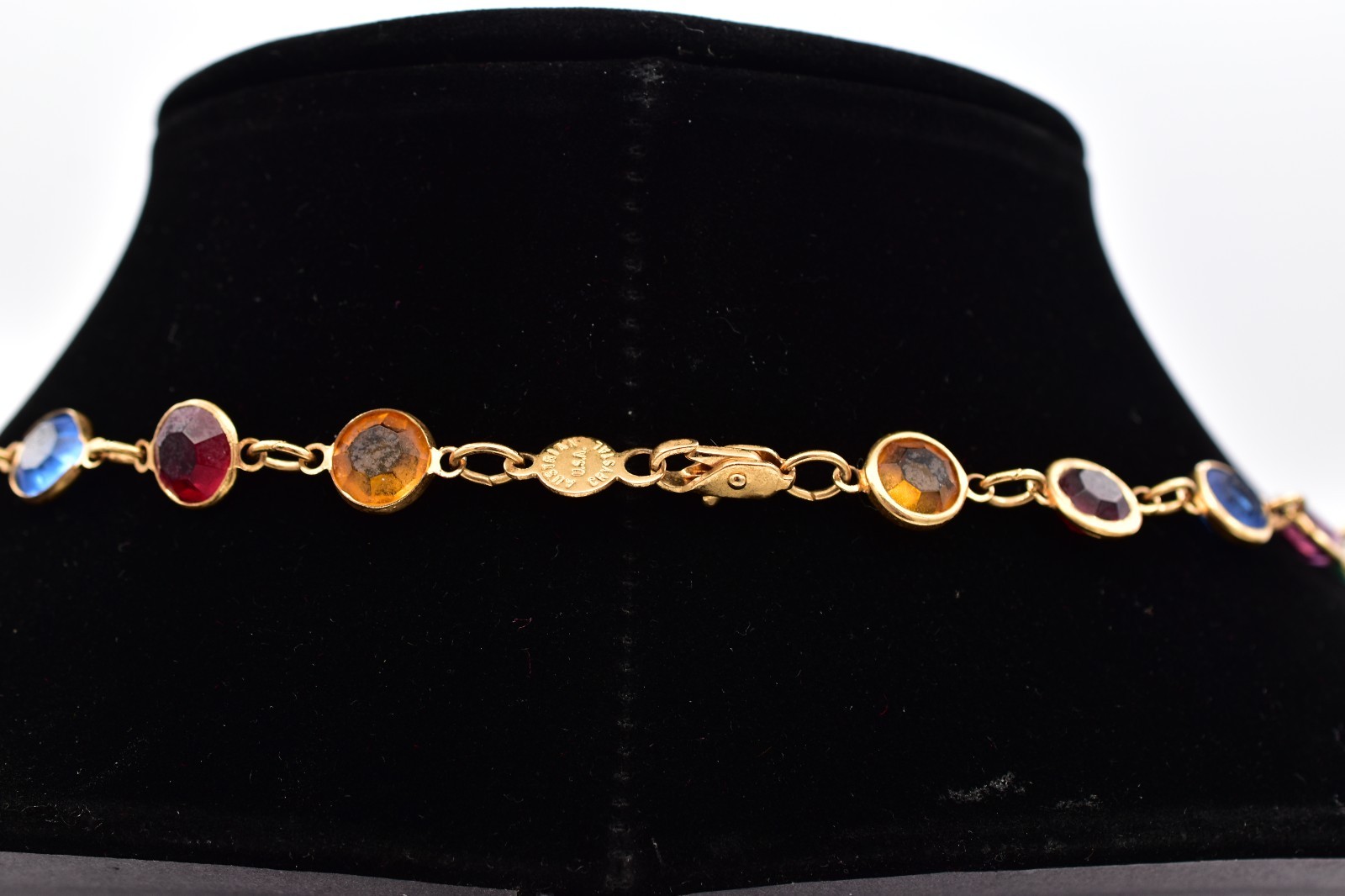 Vintage Austrian Crystal USA Necklace Gold Multicolor Open Bezel Station BinG