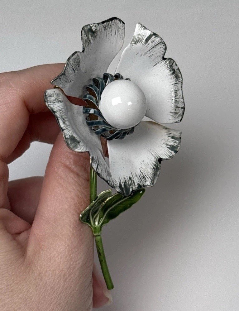 Vintage Enamel Flower Brooch Pin Original By Robert White Blue Green Large 3.5”