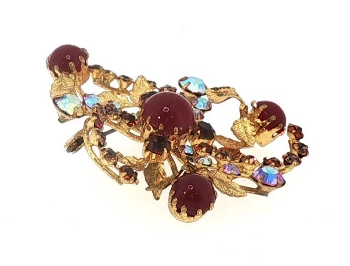 Vintage 1950s Austrian Red Cabochon Brooch — Layered Floral Spray