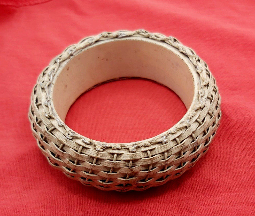 Vintage Ethnographic Woven Rattan Fiber Bangle Wire Bound Chunky Statement Brace