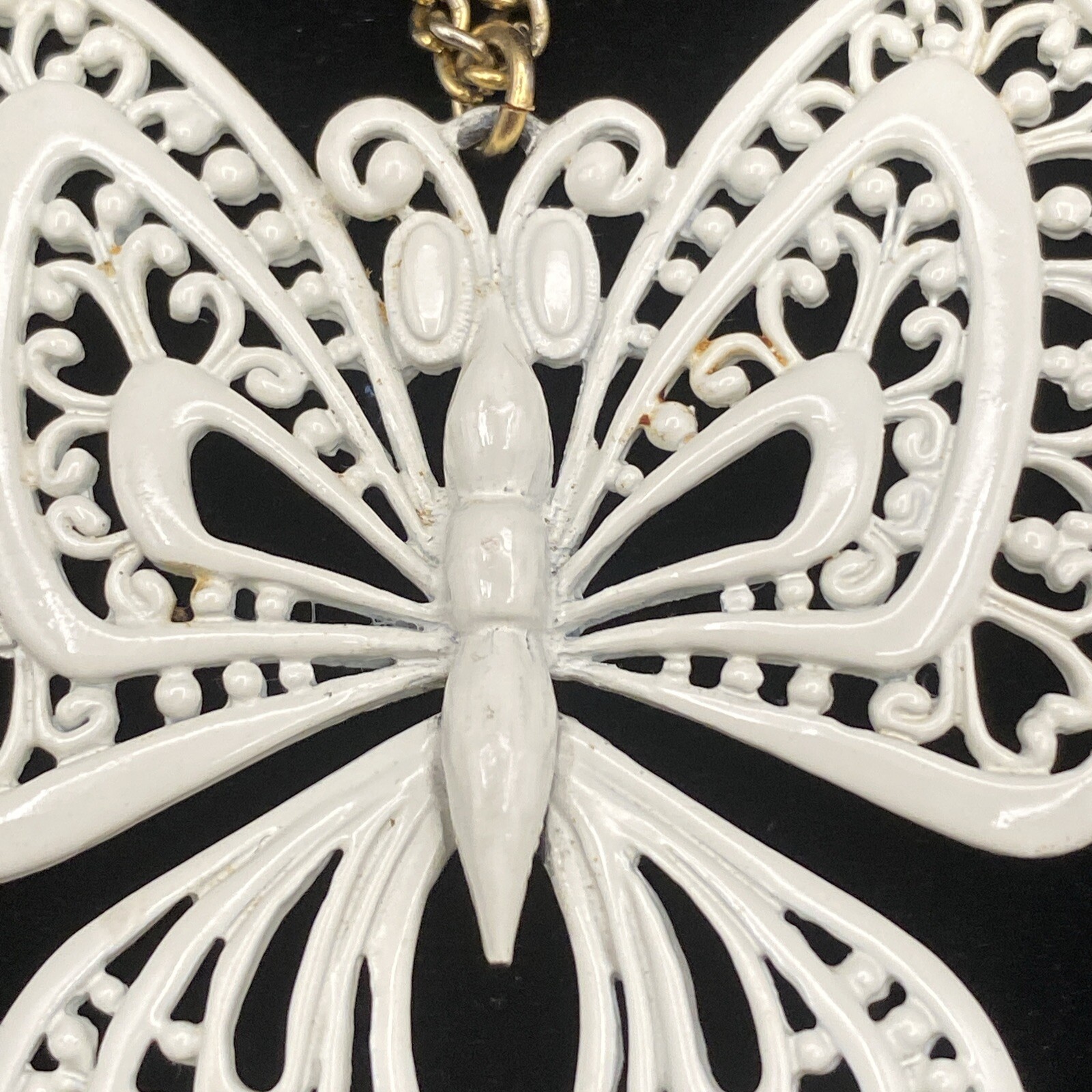 Vintage White Enamel Articulated Large Butterfly Gold Tone Open Link Chain Mod