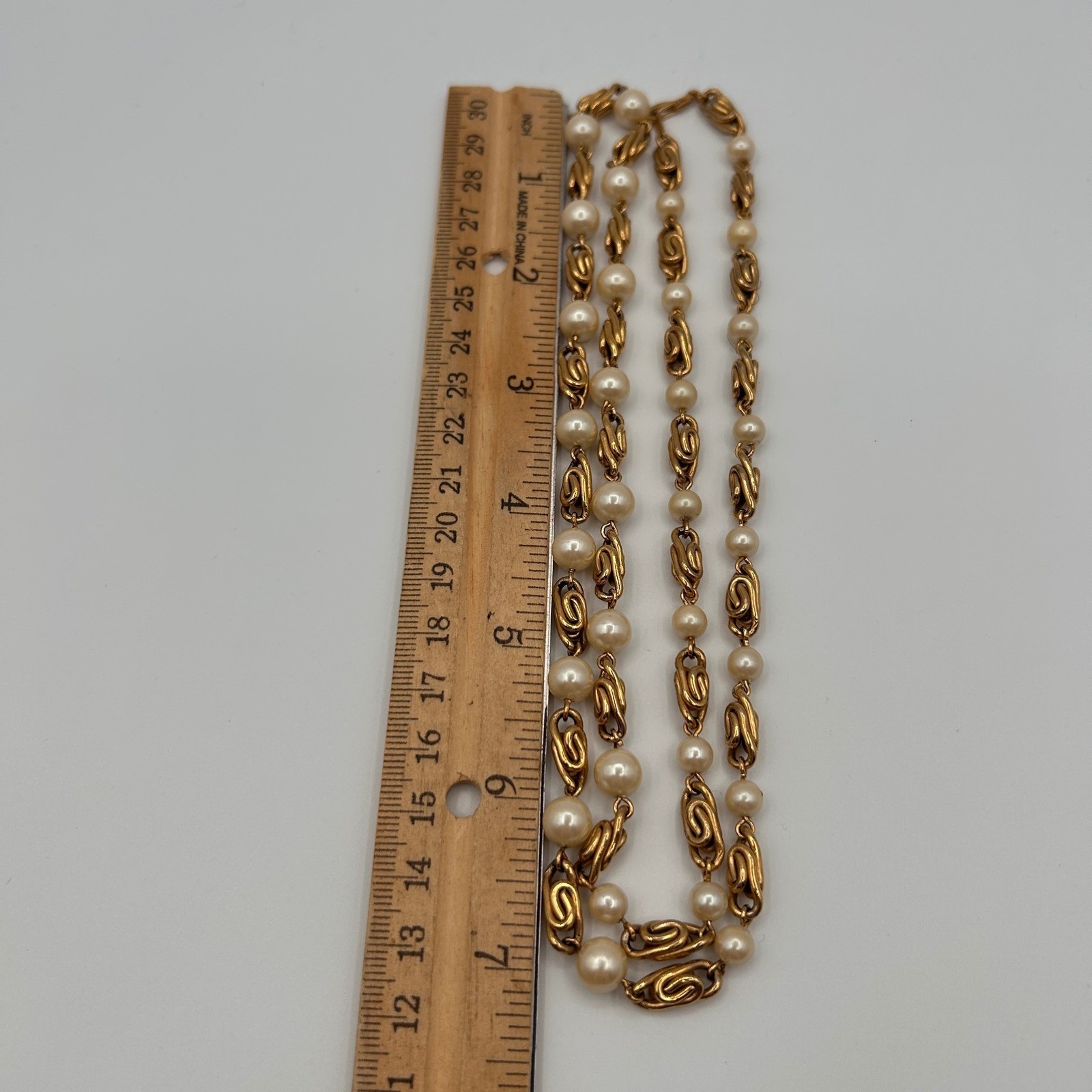 Vintage Gold Tone Faux Pearl Station Necklace Scroll Link Single Strand 29″