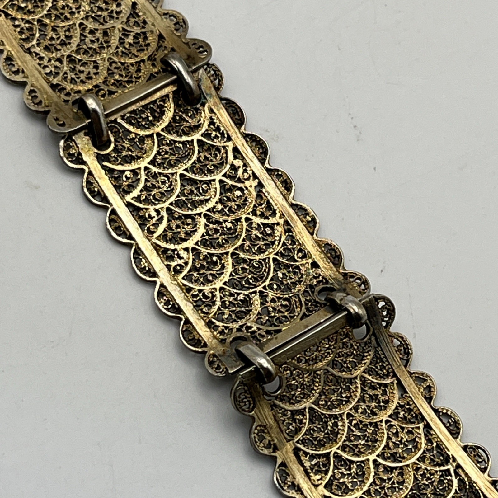 Vintage Sterling Silver Vermeil Filigree Panel Bracelet 19.2g Gold Wash 7″
