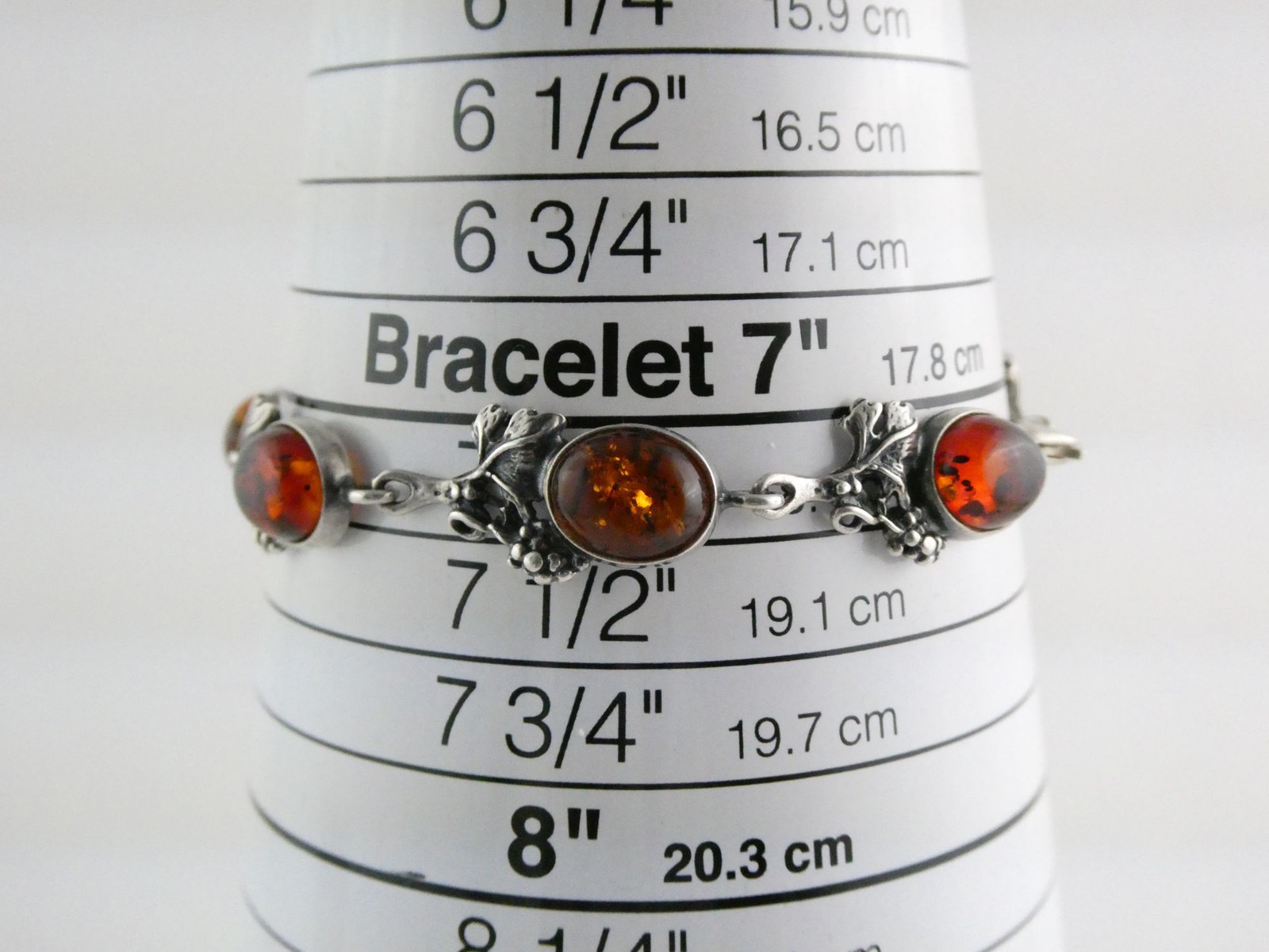 Vintage Sterling Silver Amber Cabochon Grape Vine Link Bracelet 925 7.25In 10.6g