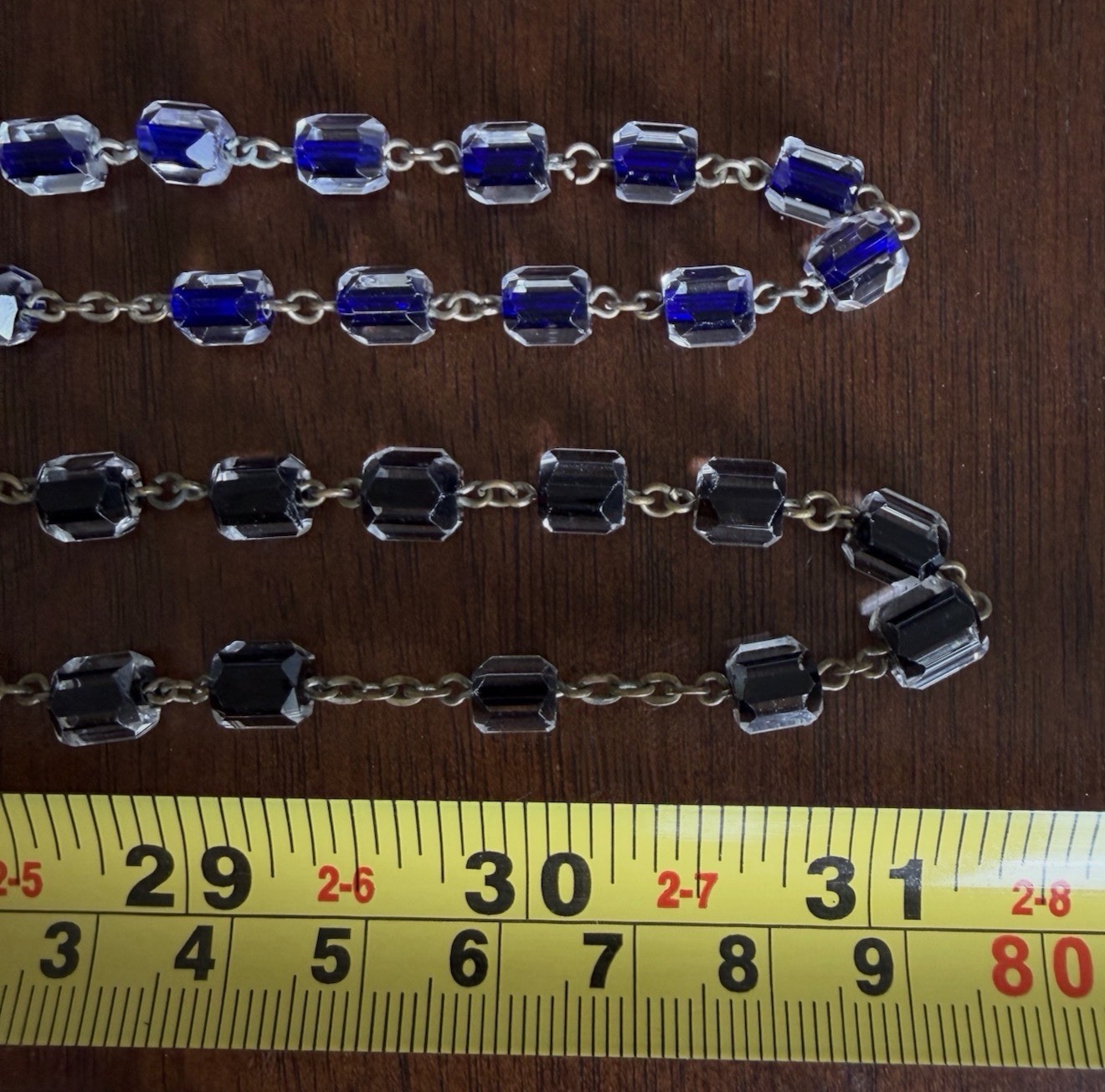 Antique Czech Jet Black & Clear Geometric Glass Bead 60″ + Extra Long Necklace