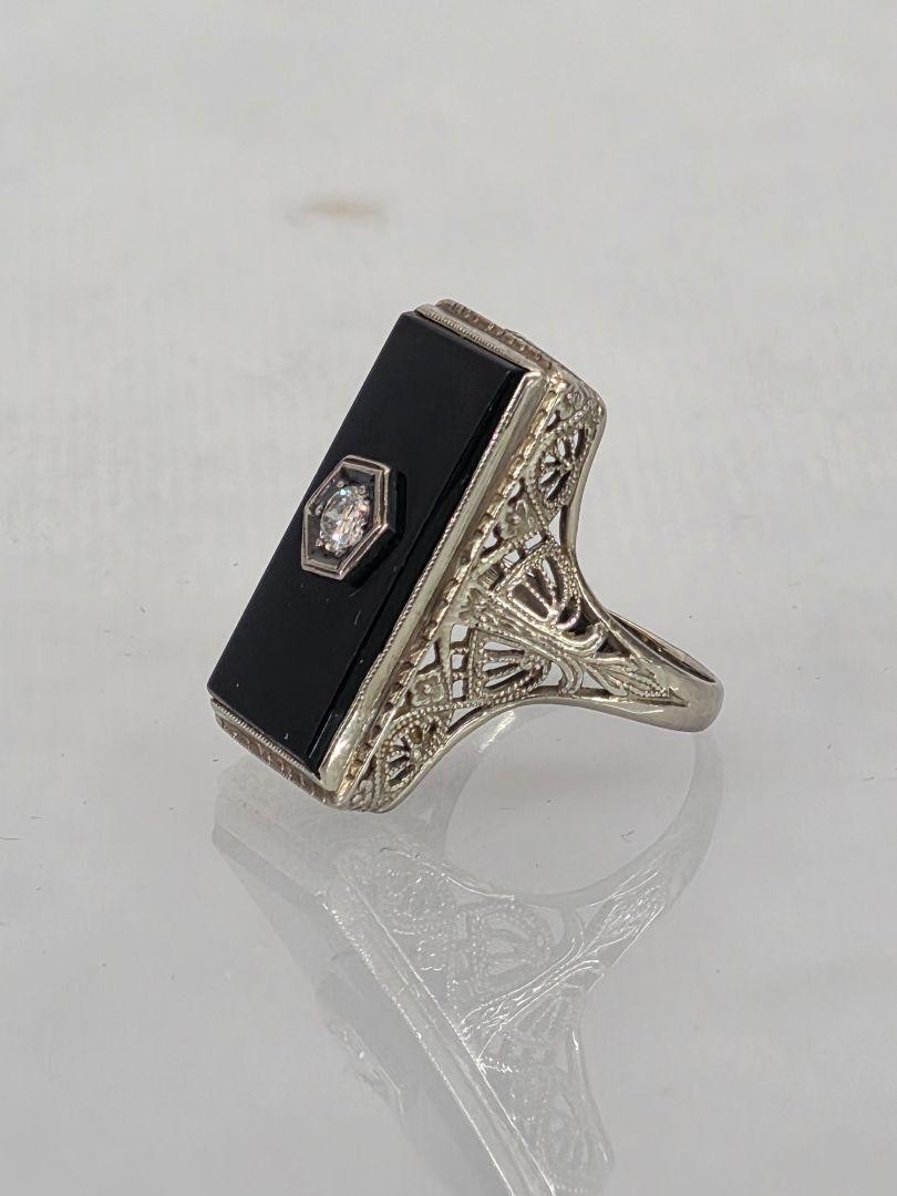 Victorian 14k White Gold Filigree Diamond & Black Onyx Ring Size 4.75