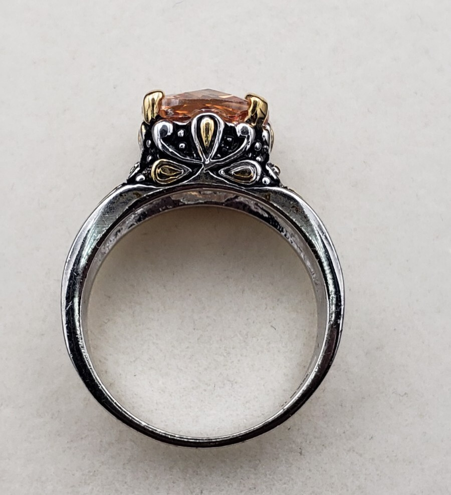 Vintage 18K White Gold Plated Cushion Cut Champagne CZ Floral Ring Size 7.75