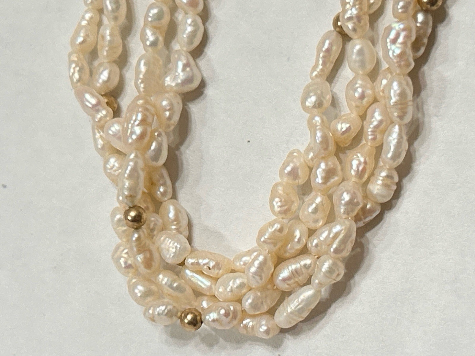 Long 56” Opera Length Necklace Rice Pearls & Gold Plated Beads, 2 Strand Twisted