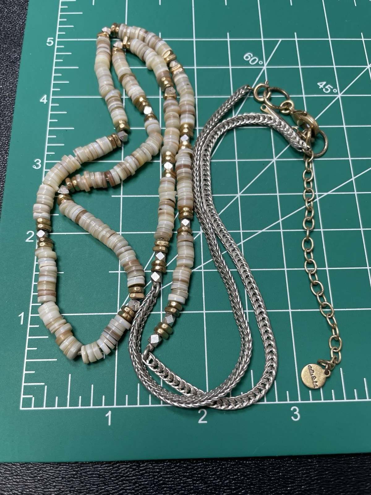 STELLA & DOT Signed 34” Heishi Shell Beaded Silver Tone Chain Necklace