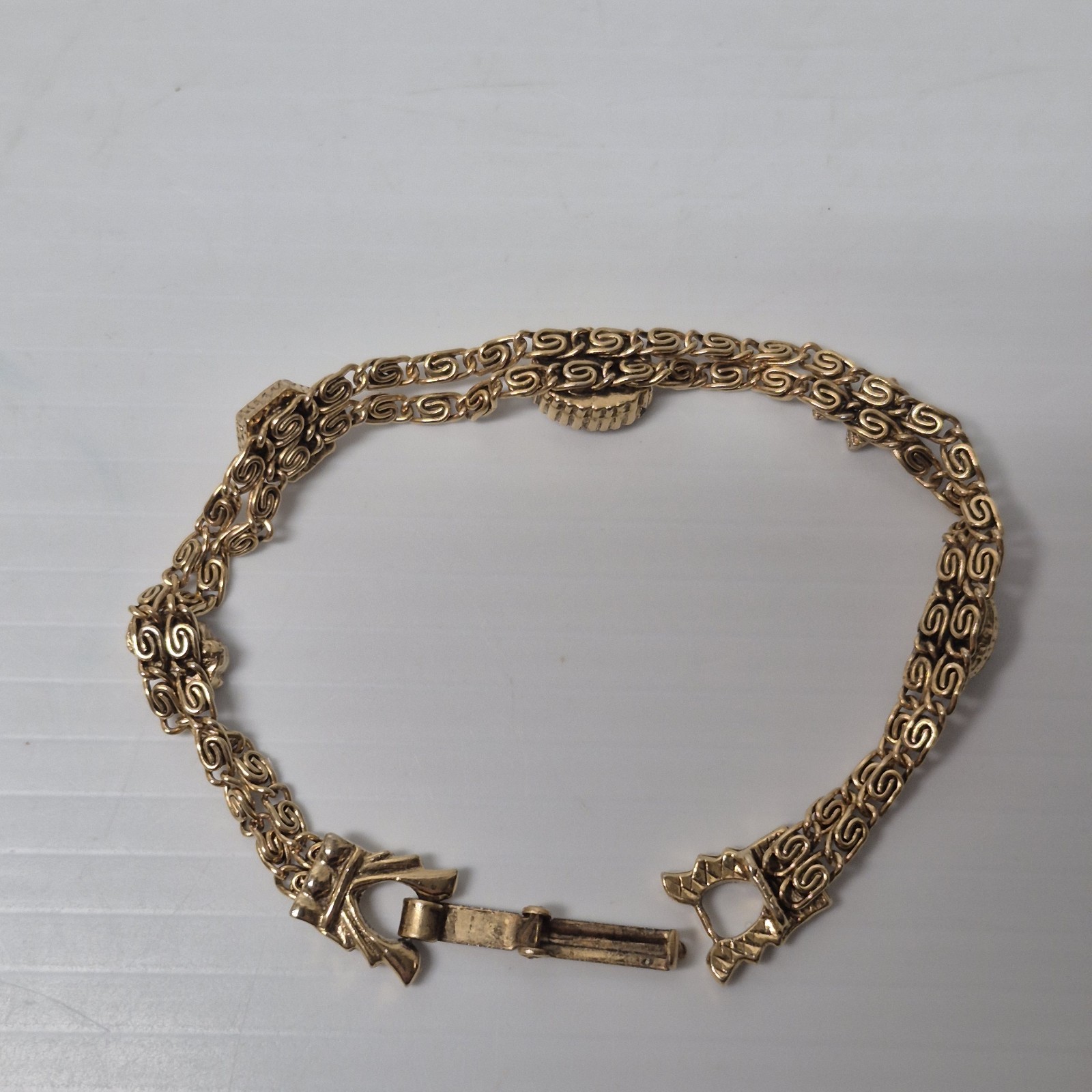 Vtg Goldette Bracelet 7″ Double Strand Charm Station Bracelet Cameo Mid Century
