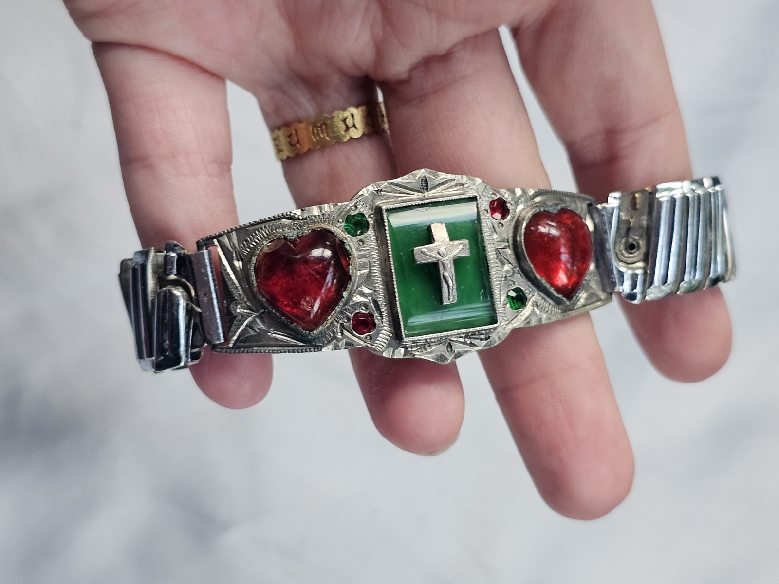Vintage Silvertone Expanding Bracelet German Silver Sweet Heart Red Glass Cross