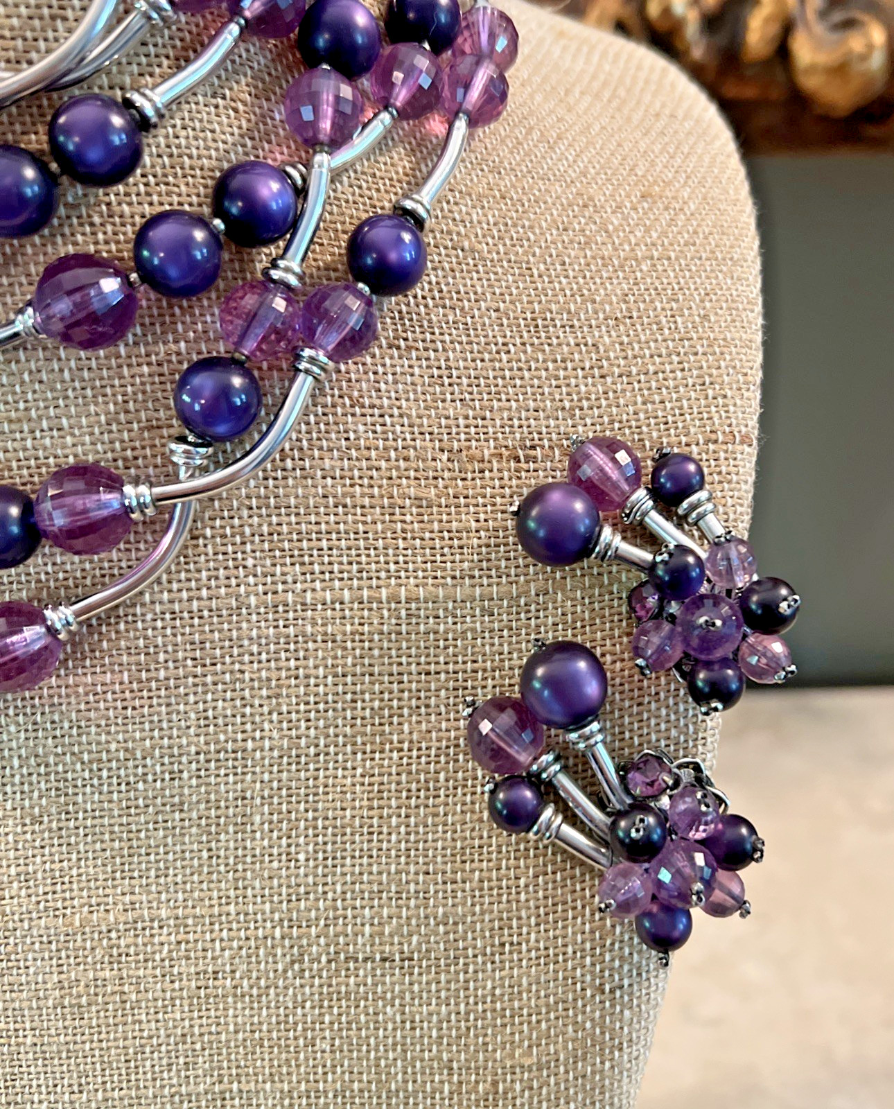 Vintage SIGNED DEMARIO AMETHYST & SILVER BEAD NECKLACE & EARRING SET / 6 STRAND