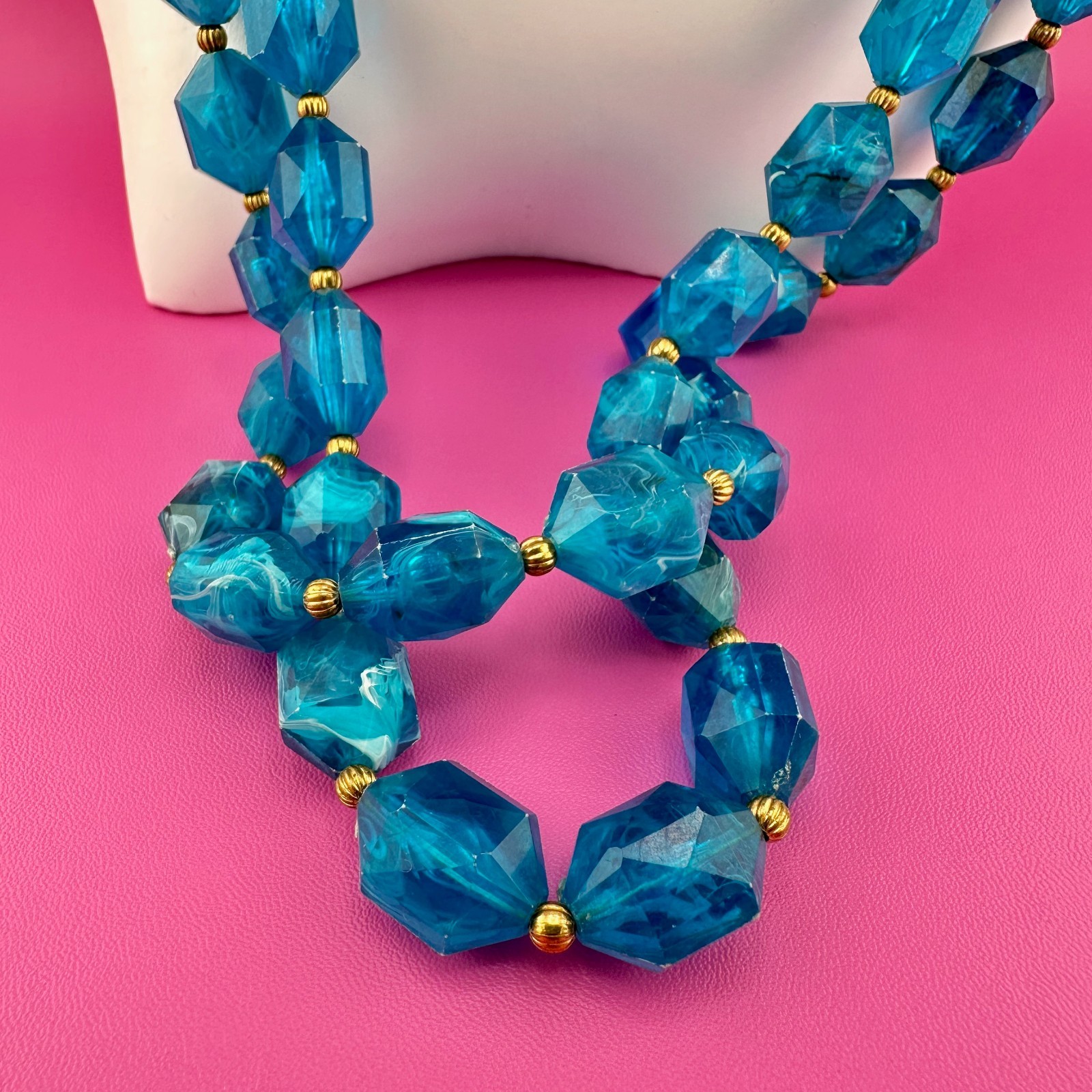 Vintage Necklace Aqua Blue Marbled Acrylic 2 Strand Filigree Clasp Faceted Bead