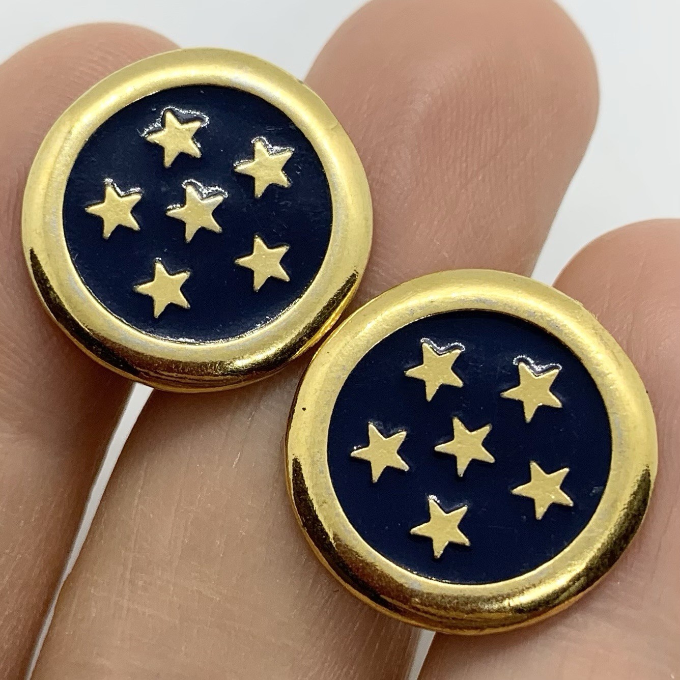 VTG Revere Signed Gold Star Blue Enamel Button Earrings Clip-on