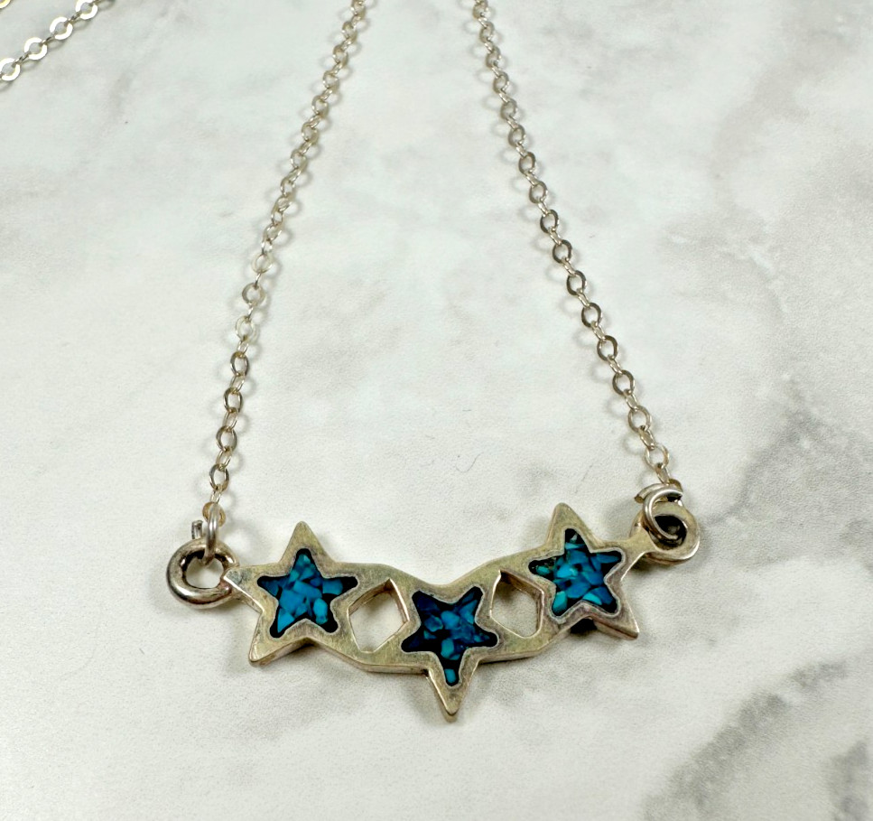 Sterling Silver Southwest Necklace – 3 Stars with Turquoise Chip Inlay – 14″