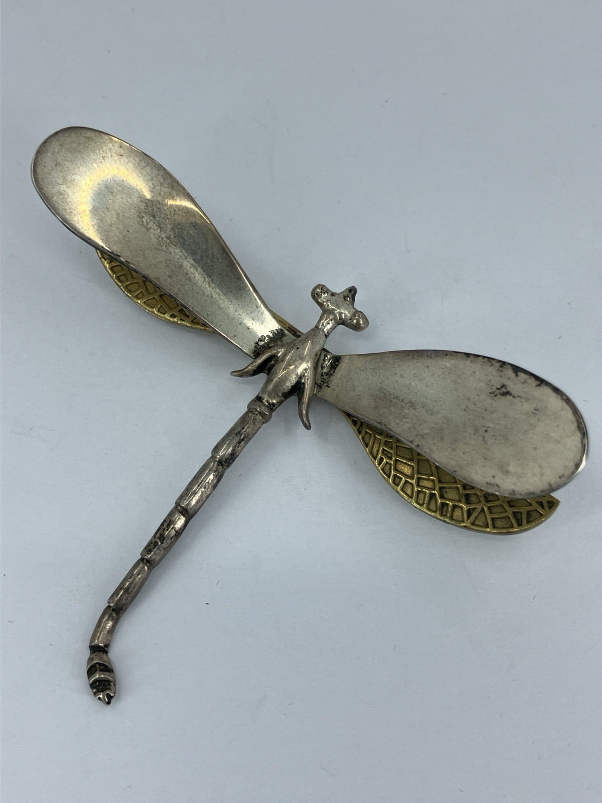 Vintage Mexico Sterling Dragonfly Brooch Eagle Mark Silver 925 Wings Mixed Metal