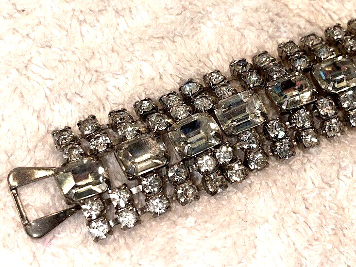 Vintage Emerald Cut and Round Rhinestone Bracelet, Five Row, Unsigned