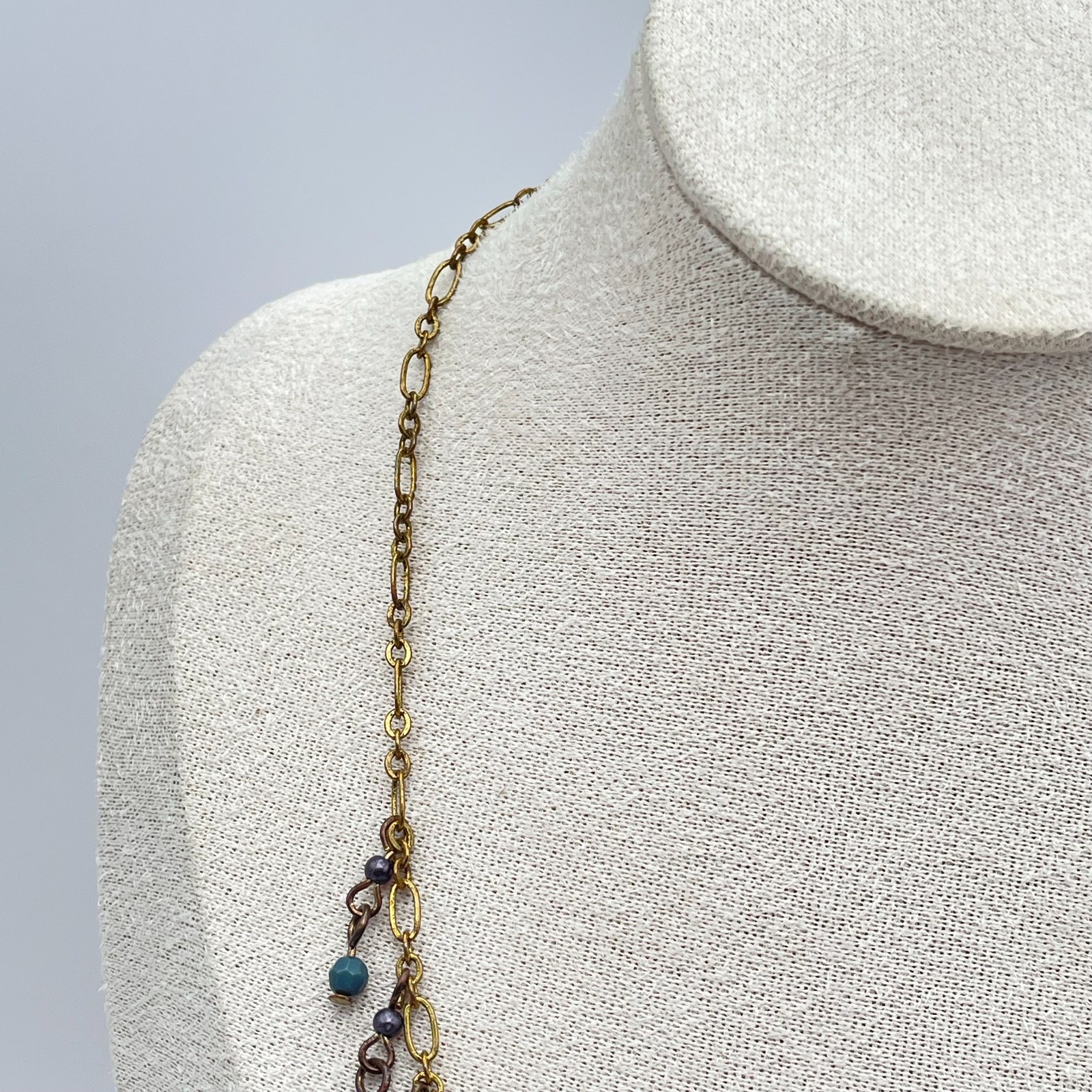 Vintage 90s Y2K Boho Gold Tone Fringe Bib Necklace Beaded Statement Necklace