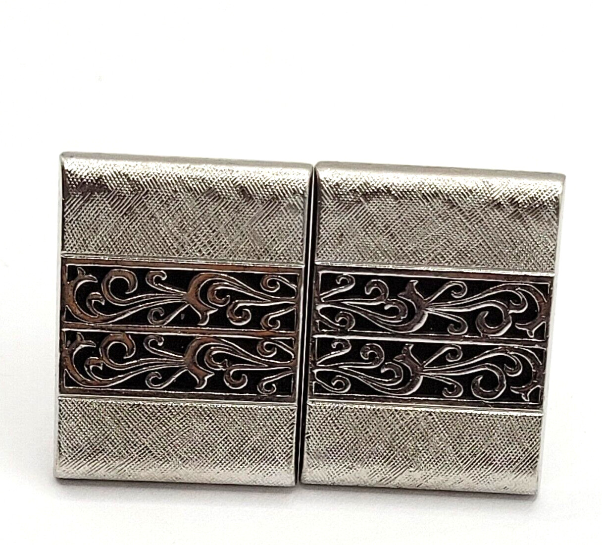SWANK Vintage 1970 to 80s Silver Tone Textured Finish Filigree Center Cufflinks