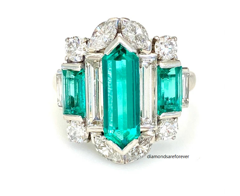 Fancy Cut Vivid Green 14.68CT Emerald With Old European Cut CZ Art Deco Ring