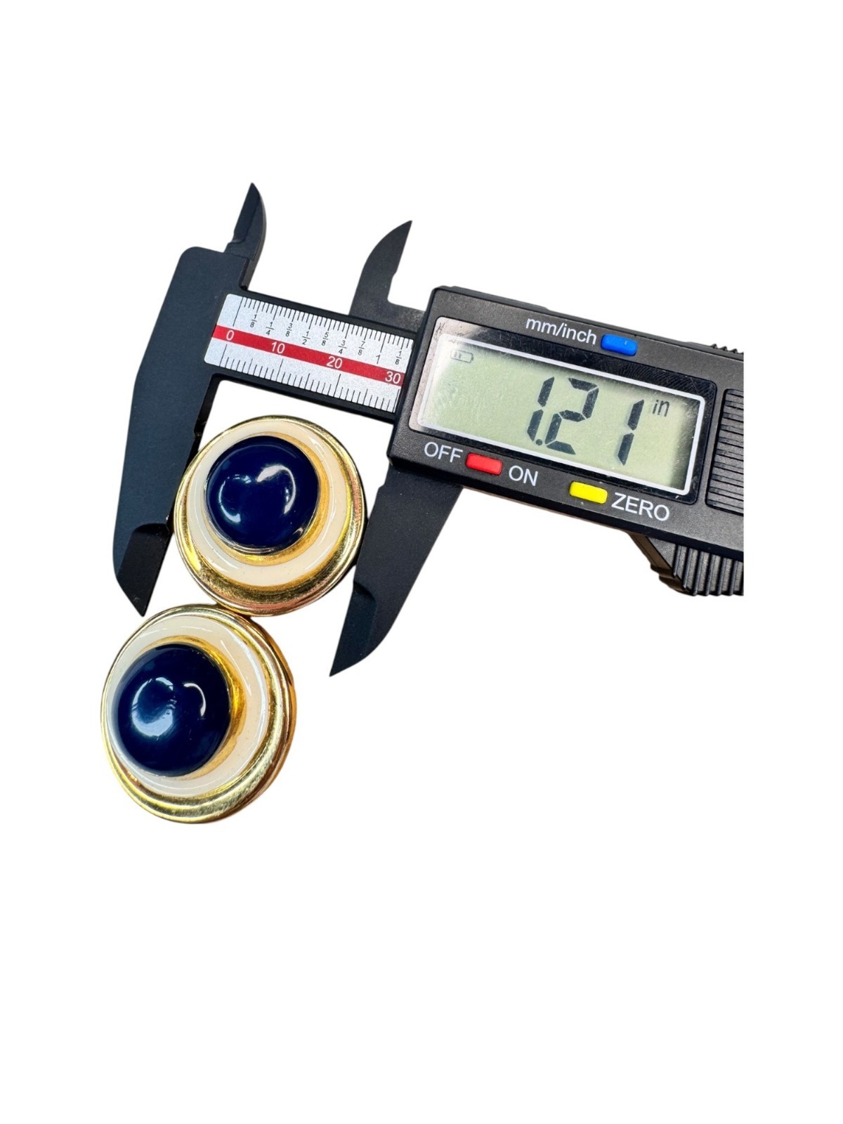 off white navy blue enamel gold tone heavy 90s clip on earrings